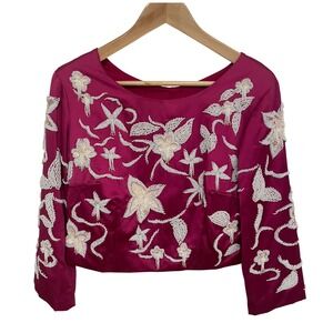 Vintage 60s Beaded Top Cropped Fuchsia Satin Boat Neck Evening Wear